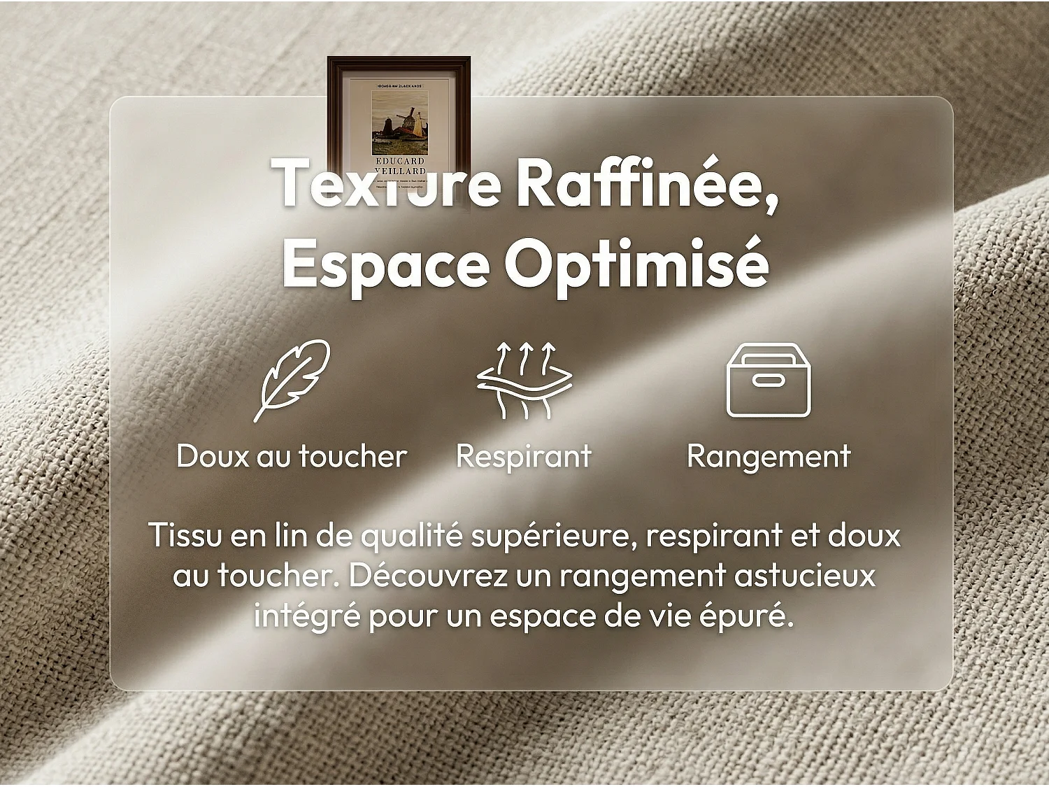Lit coffre 160x200 cm avec tête de lit - LEDs - Tissu lin beige tapissé - Poches de rangement - Sommier à lattes et espace de rangement hydraulique