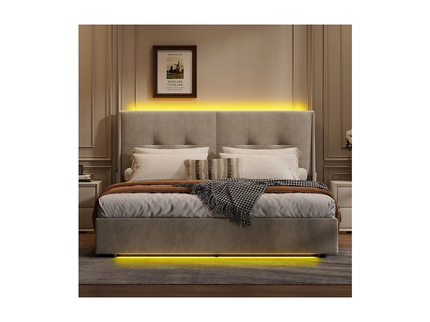Lit coffre 160x200 cm avec tête de lit - LEDs - Tissu lin beige tapissé - Poches de rangement - Sommier à lattes et espace de rangement hydraulique