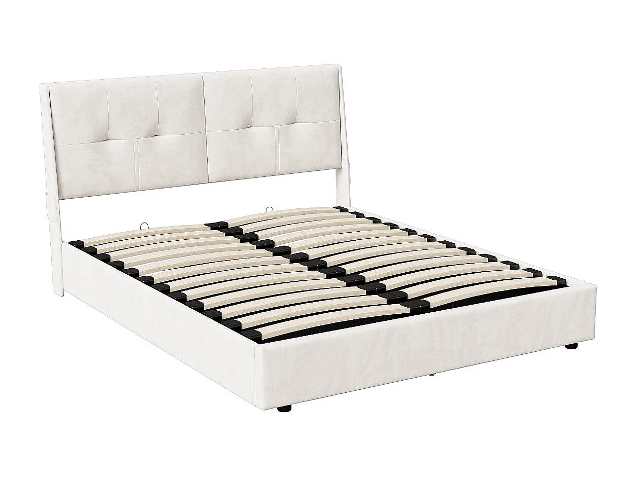 Lit coffre 160x200 cm avec tête de lit - LEDs - Tissu lin beige tapissé - Poches de rangement - Sommier à lattes et espace de rangement hydraulique