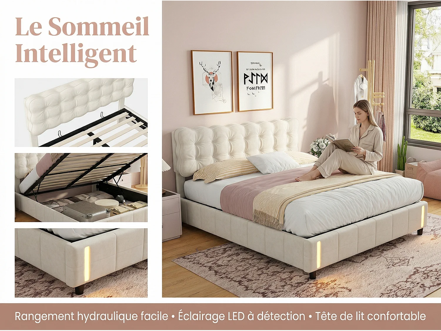 Lit Coffre 140x190 cm avec Détecteur, Velours Beige