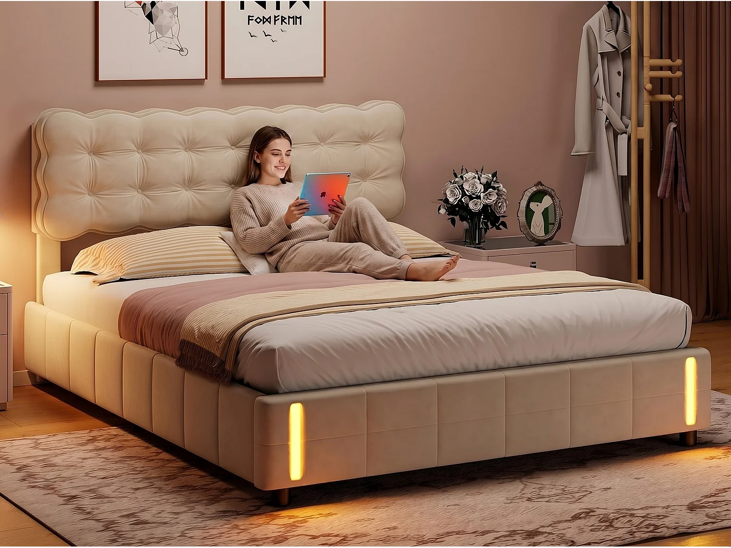 Lit coffre 140x190 cm avec tête de lit - Détecteur LED - Velours beige - Sommier à lattes et espace de rangement hydraulique