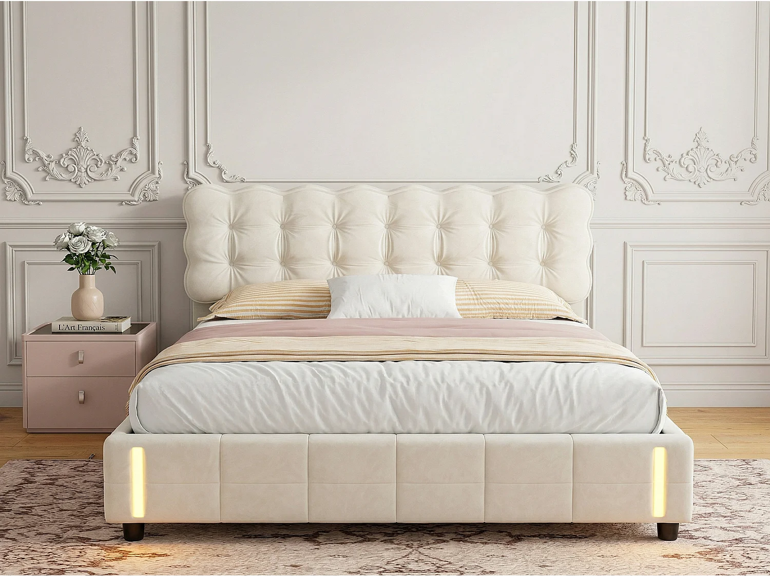 Lit coffre 140x190 cm avec tête de lit - Détecteur LED - Velours beige - Sommier à lattes et espace de rangement hydraulique