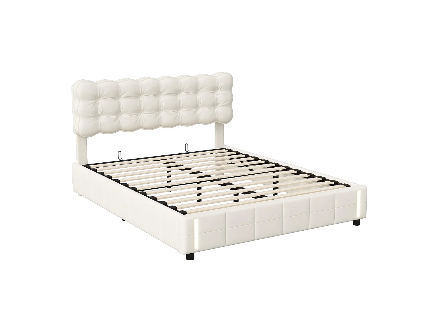 Lit coffre 140x190 cm avec tête de lit - Détecteur LED - Velours beige - Sommier à lattes et espace de rangement hydraulique