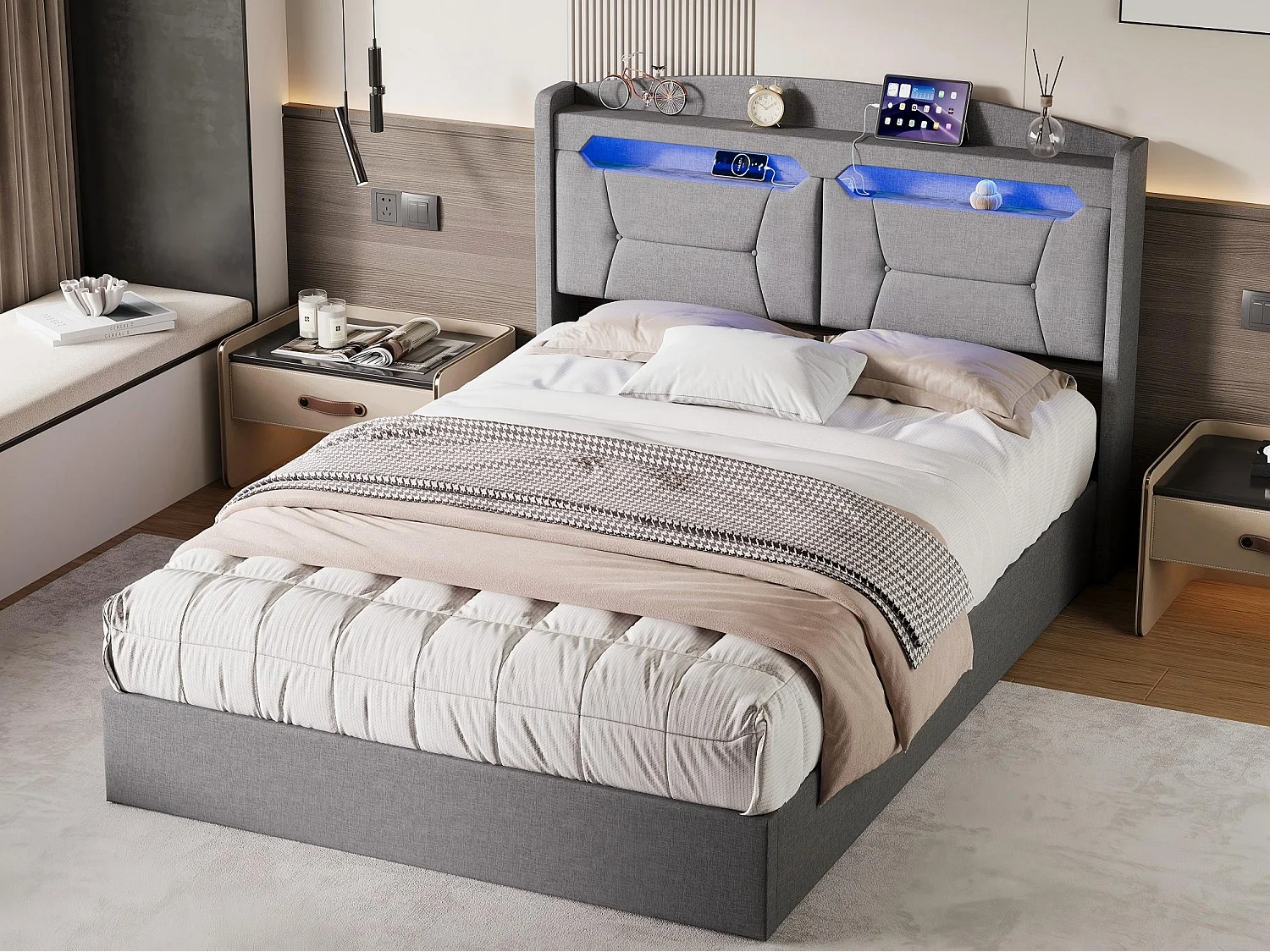 Lit Coffre 140x190 cm LED RGB avec USB, Tête de Lit avec Rangement, Lit Hydraulique en Tissu Gris, Sommier à Lattes