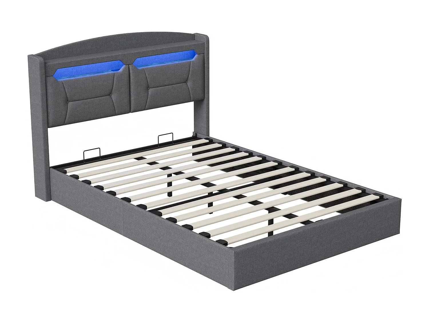 Lit Coffre 140x190 cm LED RGB avec USB, Tête de Lit avec Rangement, Lit Hydraulique en Tissu Gris, Sommier à Lattes
