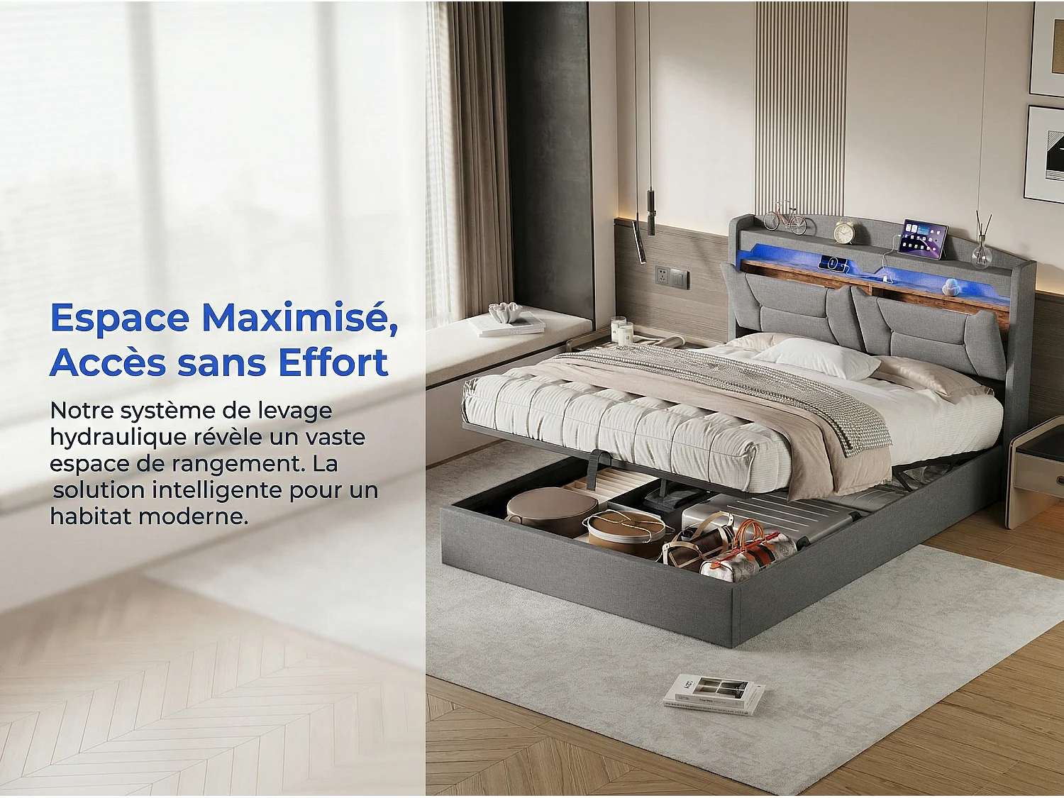 Lit coffre 140x190 cm avec tête de lit - LEDs RGB - Ports USB - Tissu gris - Sommier à lattes et espace de rangement hydraulique