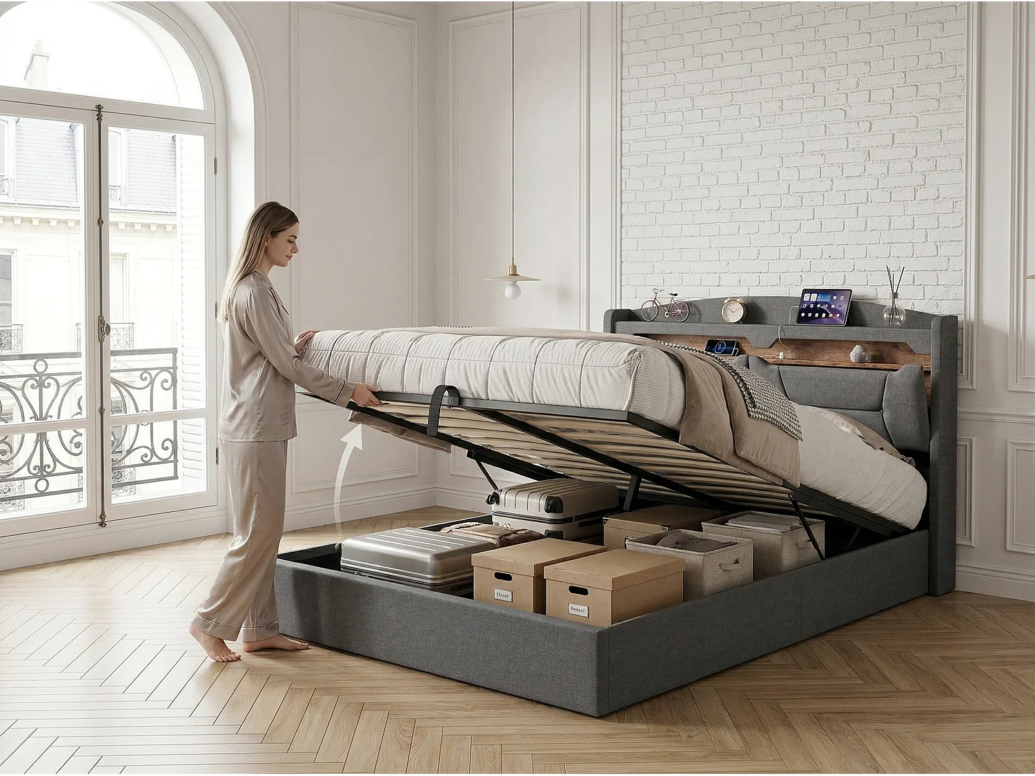 Lit coffre 140x190 cm avec tête de lit - LEDs RGB - Ports USB - Tissu gris - Sommier à lattes et espace de rangement hydraulique