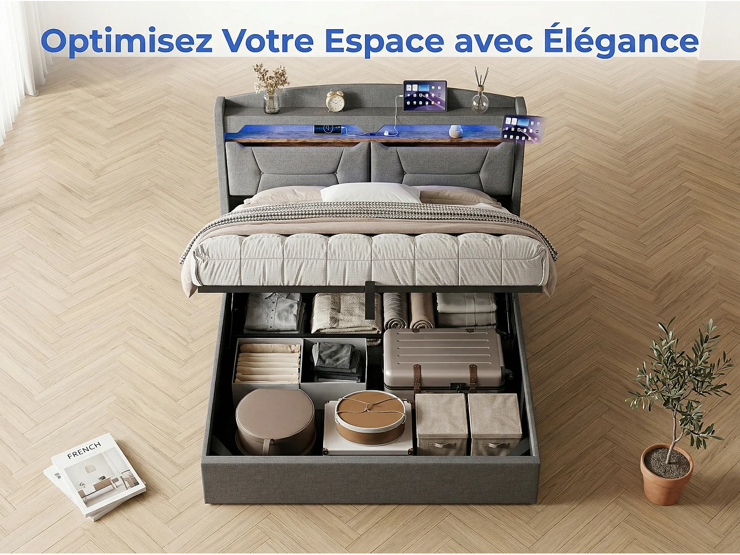 Lit coffre 140x190 cm avec tête de lit - LEDs RGB - Ports USB - Tissu gris - Sommier à lattes et espace de rangement hydraulique