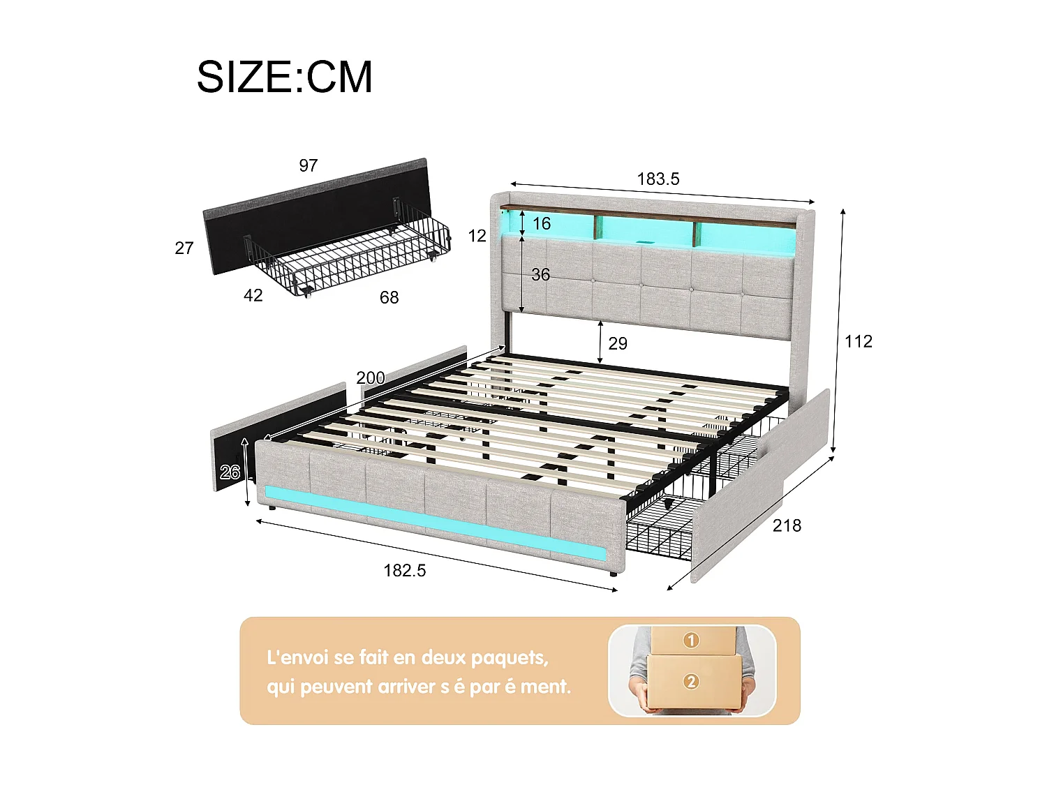 Lit coffre en cuir PU - 180x200cm - avec tête de lit, USB et LED - sommier à lattes - sans matelas