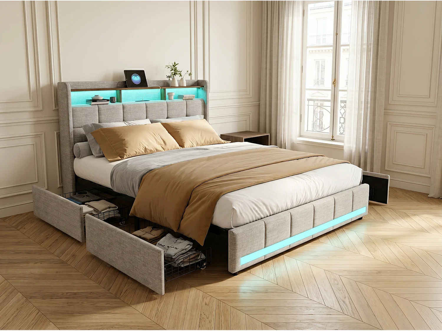 Lit coffre en cuir PU - 180x200cm - avec tête de lit, USB et LED - sommier à lattes - sans matelas