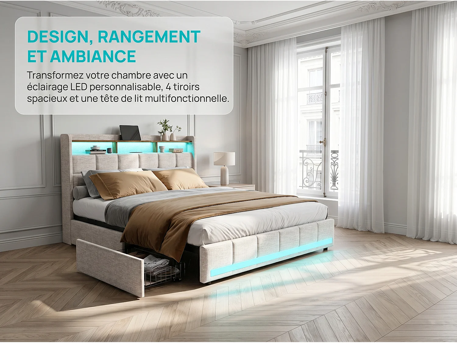 Lit coffre en cuir PU - 180x200cm - avec tête de lit, USB et LED - sommier à lattes - sans matelas