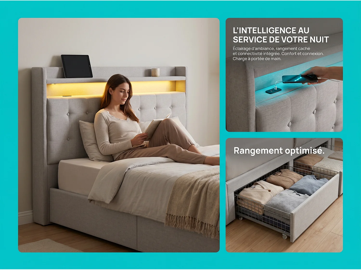 Lit coffre en cuir PU - 180x200cm - avec tête de lit, USB et LED - sommier à lattes - sans matelas