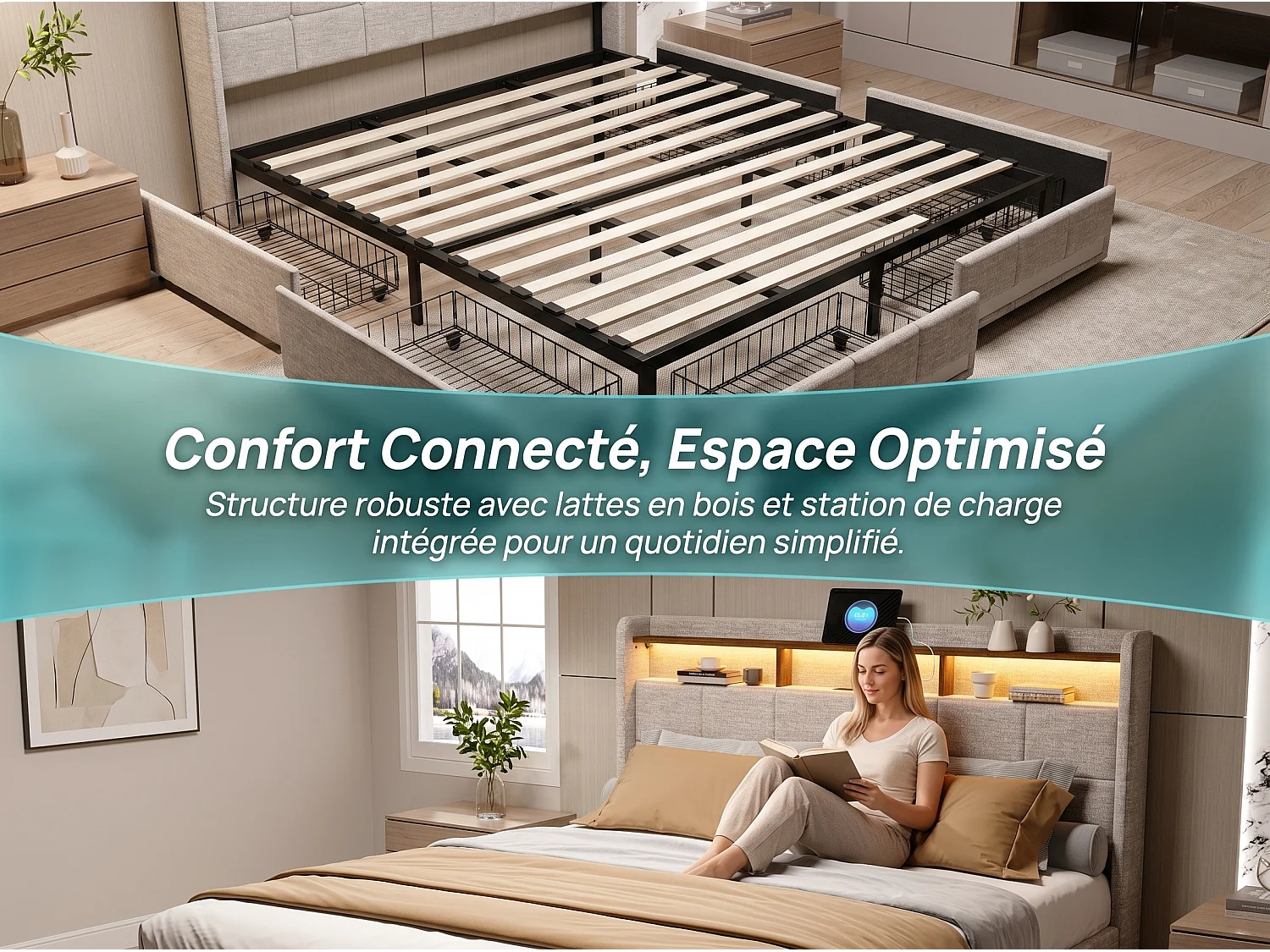 Lit coffre en cuir PU - 180x200cm - avec tête de lit, USB et LED - sommier à lattes - sans matelas