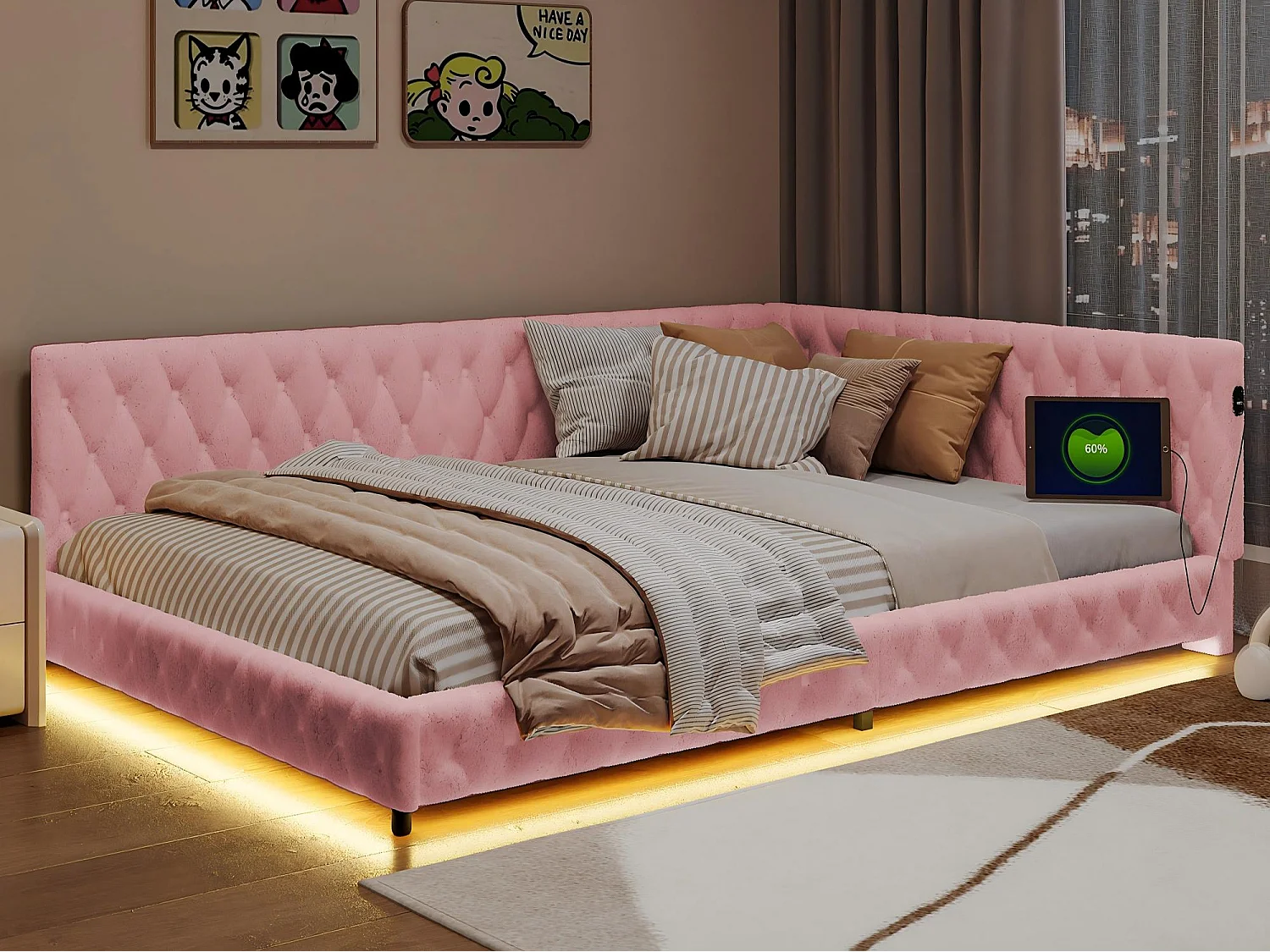 Lit coffre 140x200 cm LED RGB sous-lit, lit capitonné avec USB, sommier à lattes