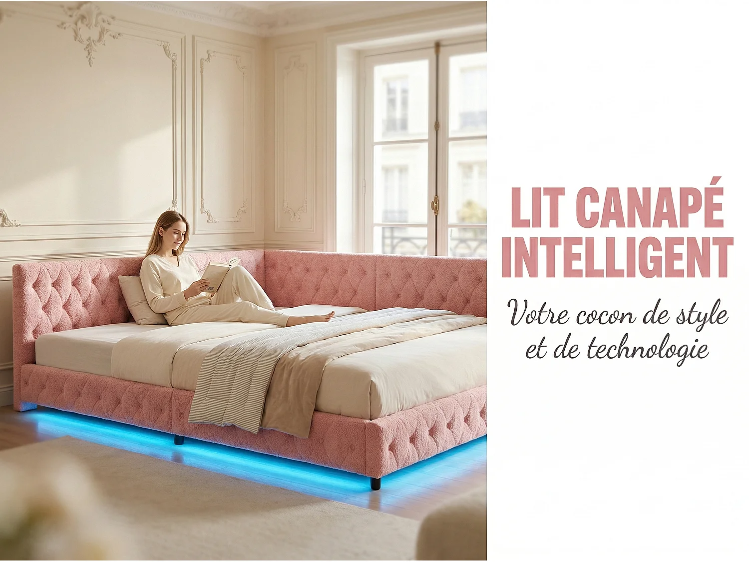Lit coffre 140x200 cm LED RGB sous-lit, lit capitonné avec USB, sommier à lattes