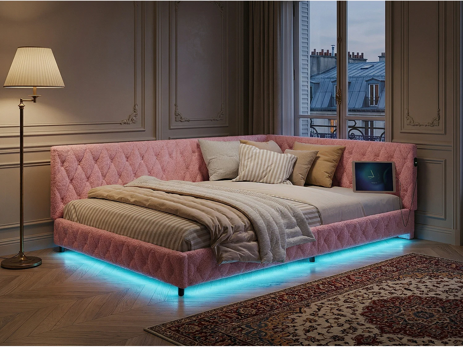 Lit coffre 140x200 cm LED RGB sous-lit, lit capitonné avec USB, sommier à lattes