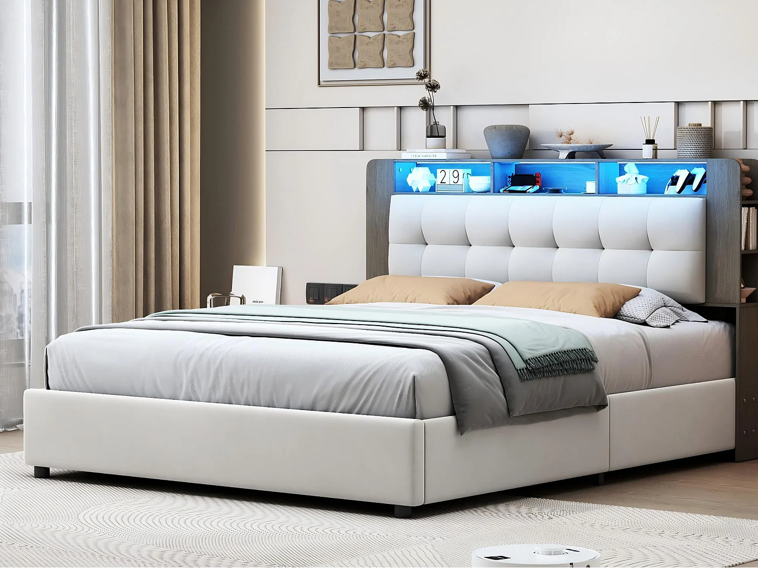 Lit coffre 140x200 cm avec tête de lit - LEDs - Étagères et rangements latéraux - Sommier à lattes - Rangement hydraulique ou tiroirs