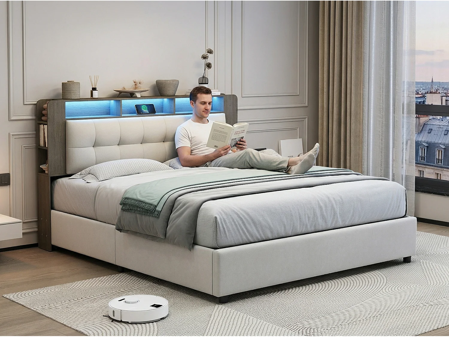 Lit coffre 140x200 cm avec tête de lit - LEDs - Étagères et rangements latéraux - Sommier à lattes - Rangement hydraulique ou tiroirs