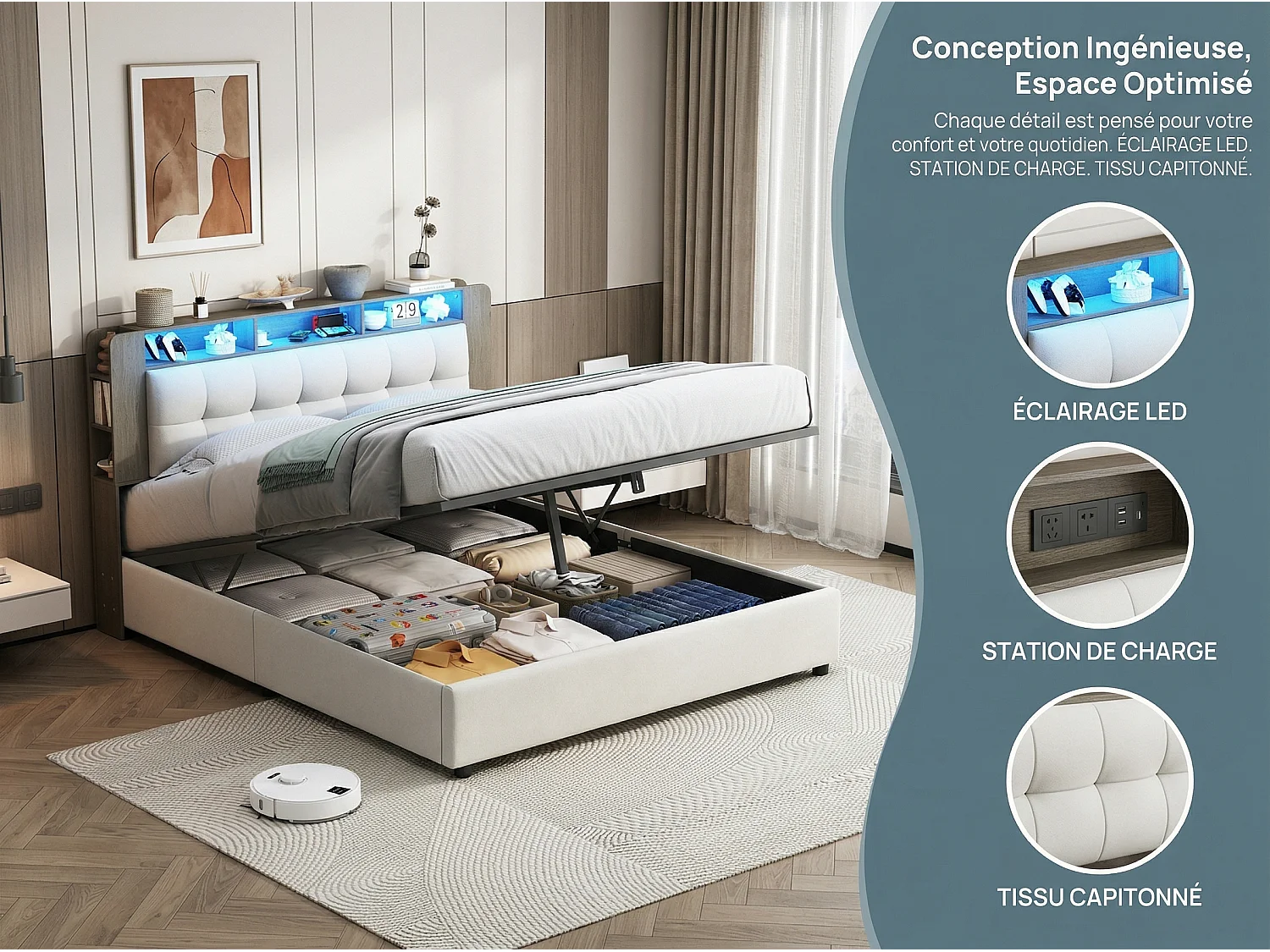 Lit coffre 140x200 cm avec tête de lit - LEDs - Étagères et rangements latéraux - Sommier à lattes - Rangement hydraulique ou tiroirs