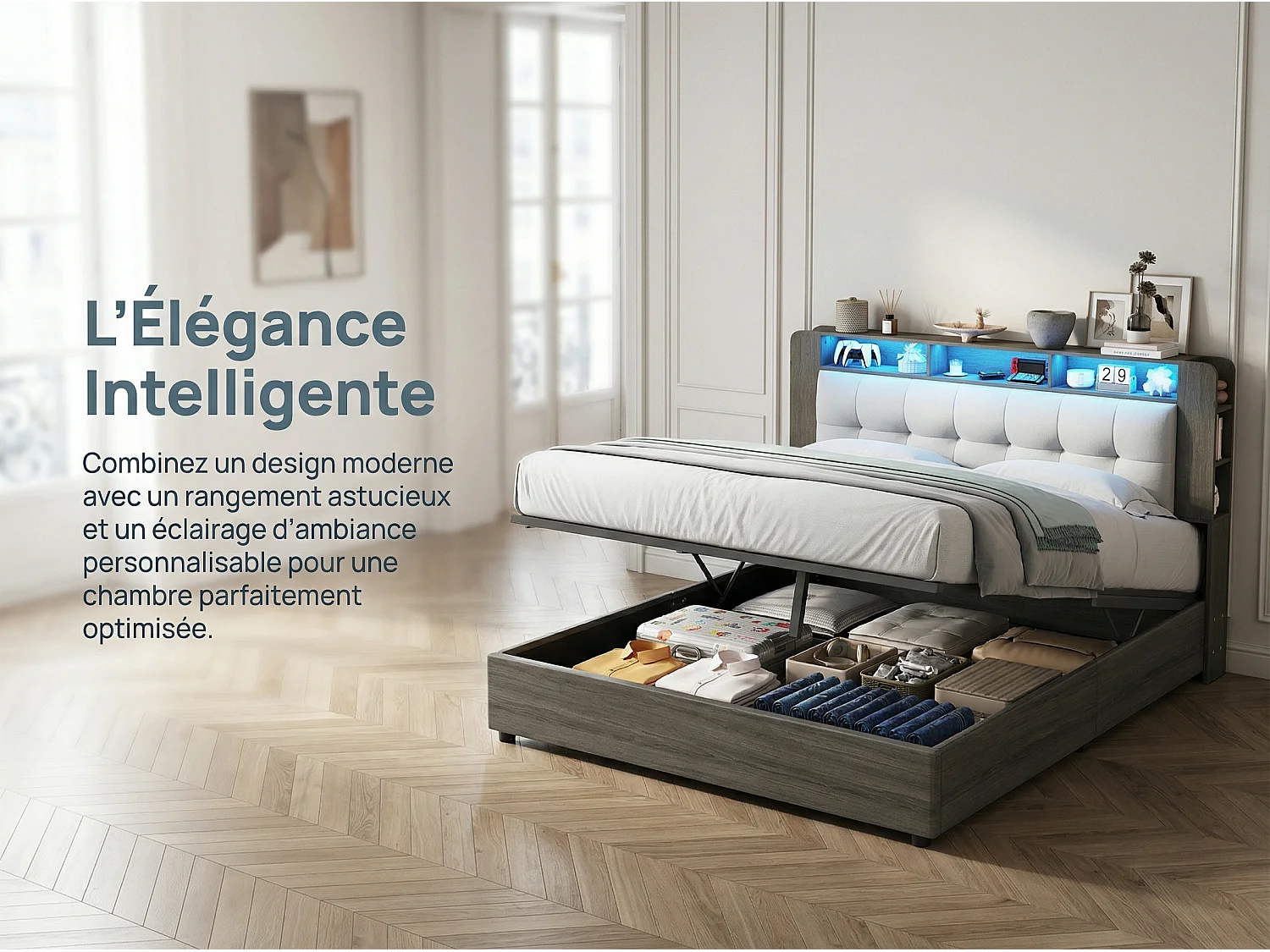 Lit coffre 140x200 cm avec tête de lit - LEDs - Étagères et rangements latéraux - Sommier à lattes - Rangement hydraulique ou tiroirs
