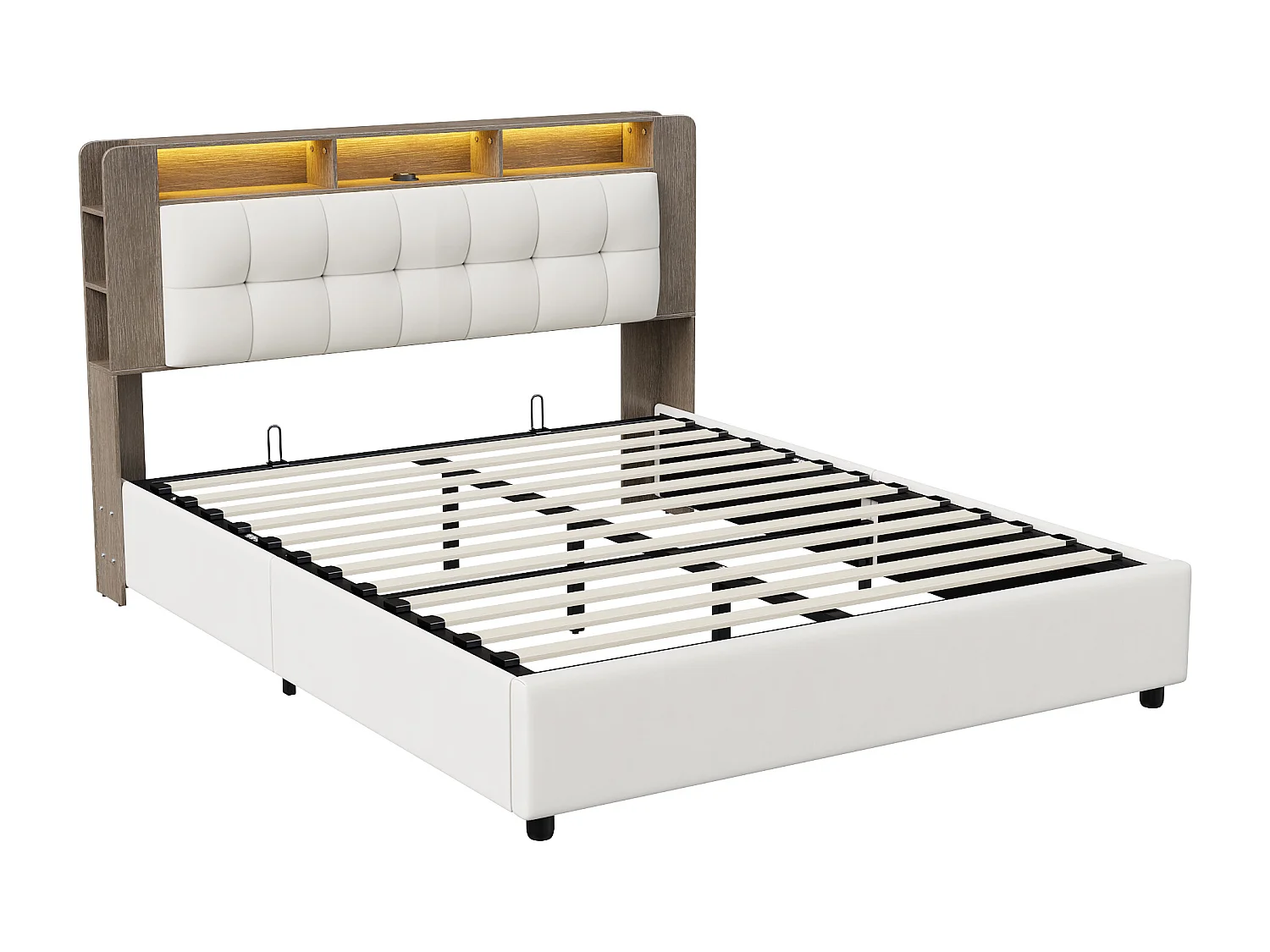 Lit coffre 140x200 cm avec tête de lit - LEDs - Étagères et rangements latéraux - Sommier à lattes - Rangement hydraulique ou tiroirs