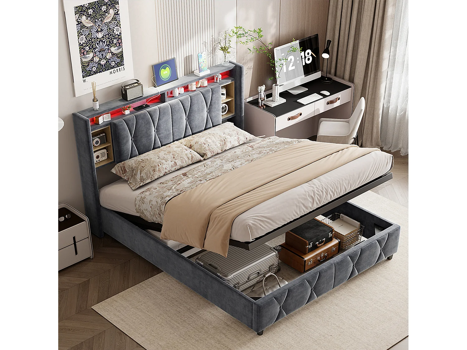 Lit coffre 140x200 cm avec tête de lit - LEDs RGB - Velours gris - Prises USB et Type-C - Sommier à lattes et espace de rangement hydraulique