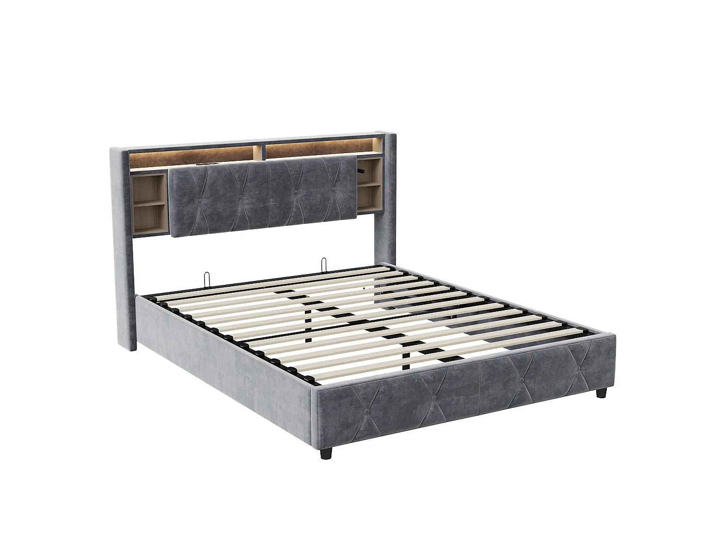 Lit coffre 140x200 cm avec tête de lit - LEDs RGB - Velours gris - Prises USB et Type-C - Sommier à lattes et espace de rangement hydraulique