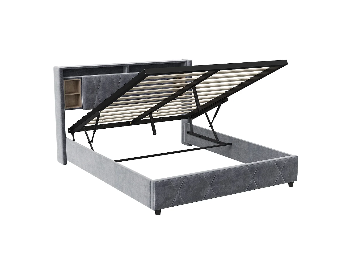 Lit coffre 140x200 cm avec tête de lit - LEDs RGB - Velours gris - Prises USB et Type-C - Sommier à lattes et espace de rangement hydraulique
