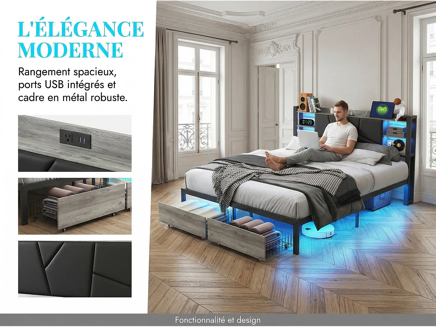 Lit 140x200 cm avec LED RGB et USB, Tête de lit avec rangement, 2 tiroirs, lit coffre moderne en PU noir avec sommier à lattes