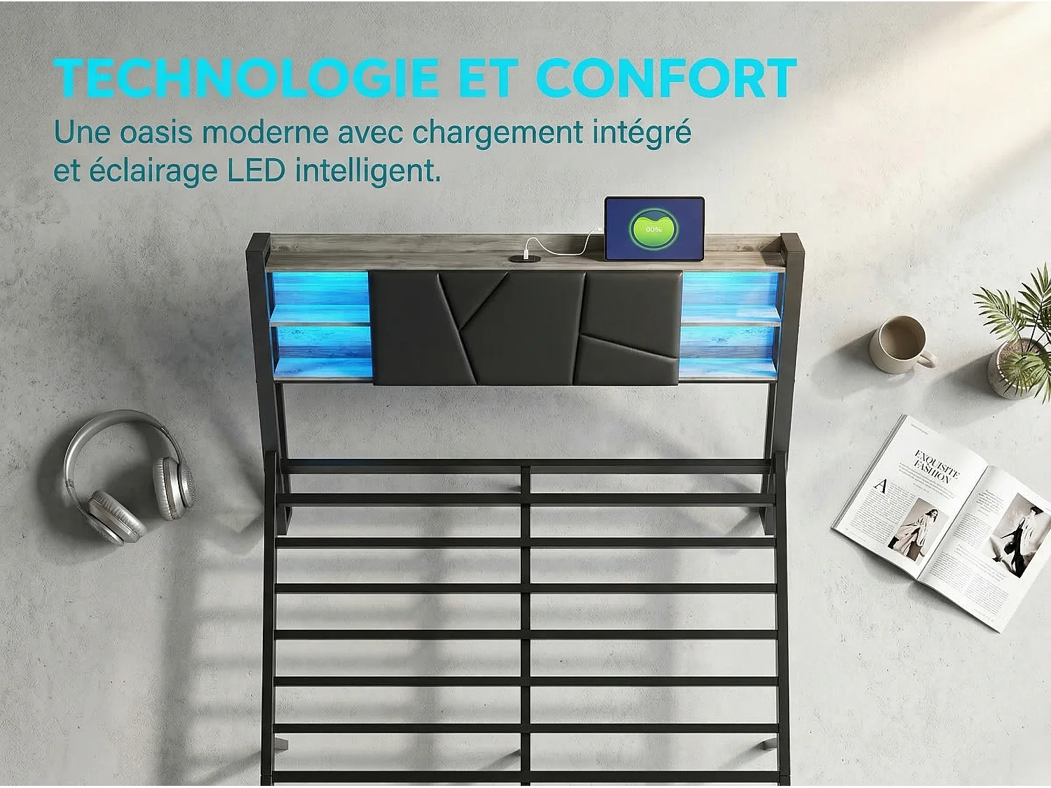 Lit 140x200 cm avec LED RGB et USB, Tête de lit avec rangement, 2 tiroirs, lit coffre moderne en PU noir avec sommier à lattes