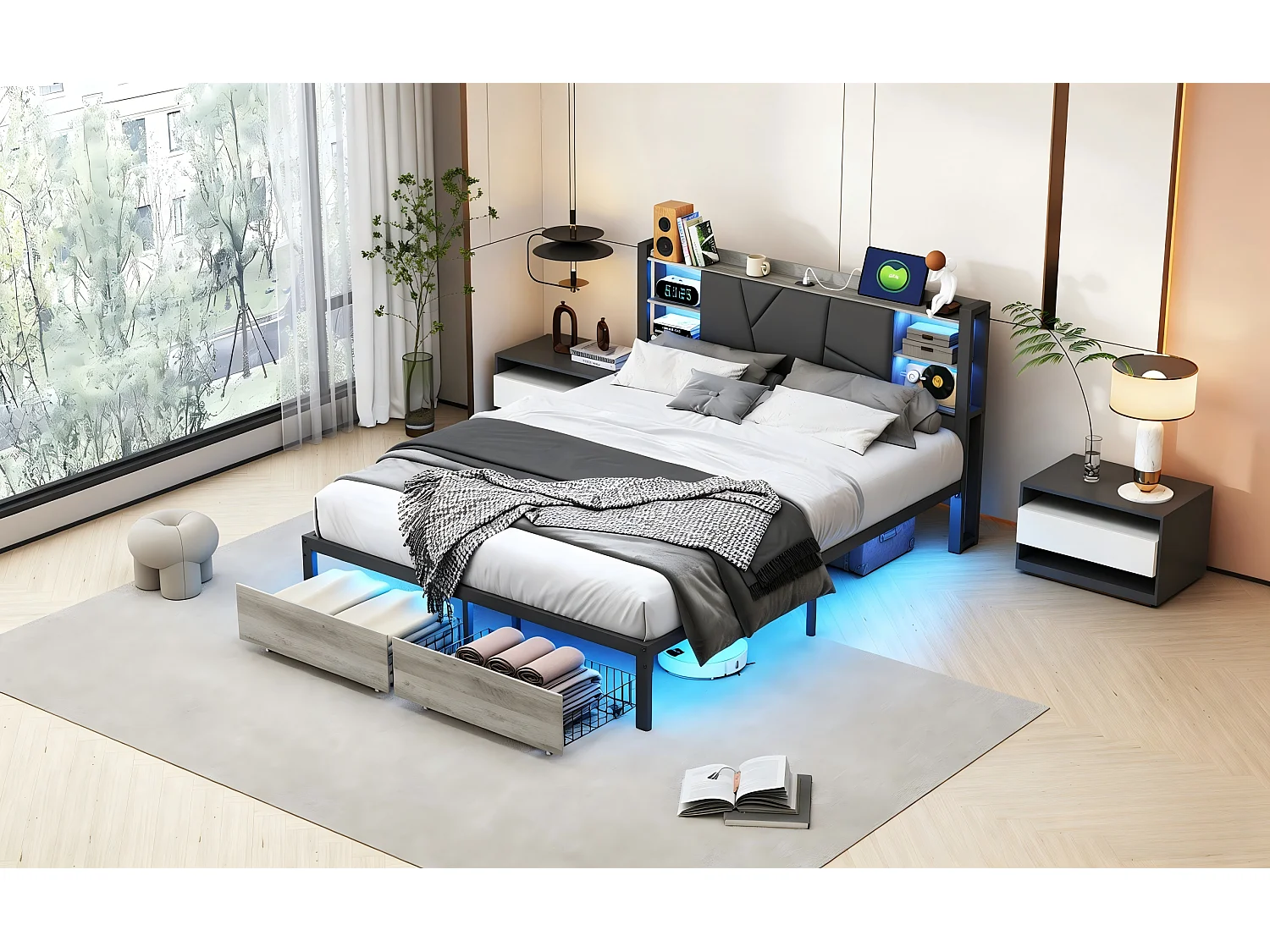 Lit 140x200 cm avec LED RGB et USB, Tête de lit avec rangement, 2 tiroirs, lit coffre moderne en PU noir avec sommier à lattes