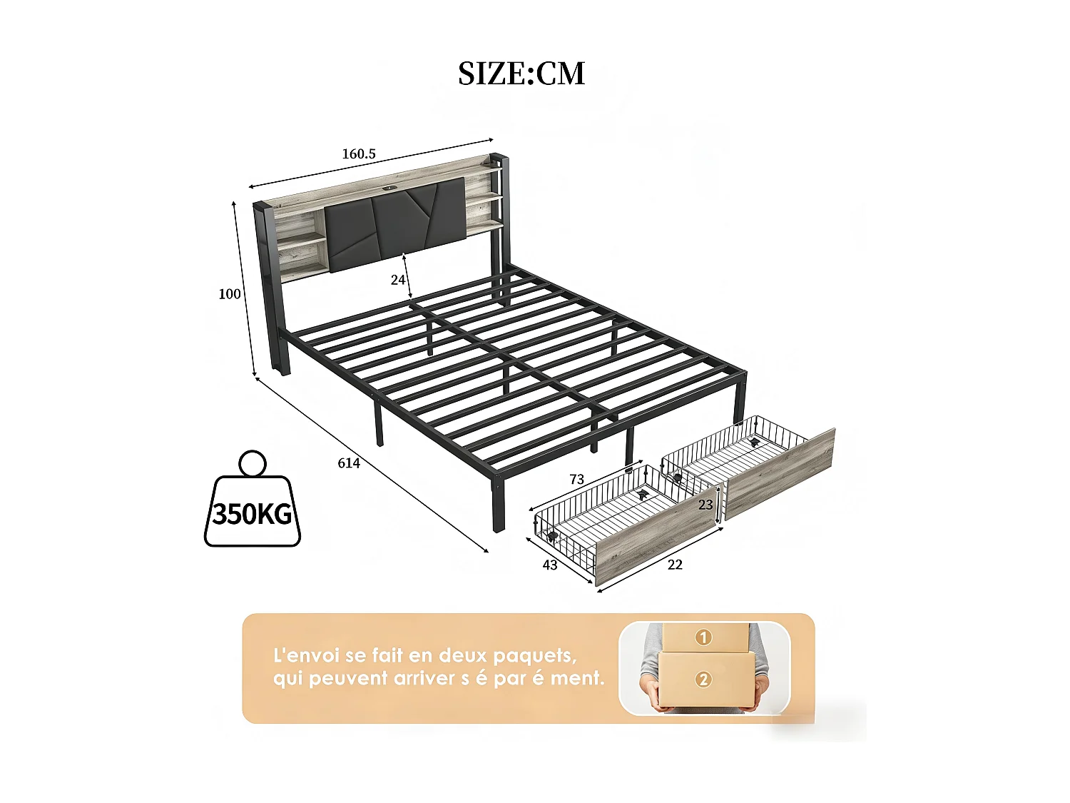 Lit 140x200 cm avec LED RGB et USB, Tête de lit avec rangement, 2 tiroirs, lit coffre moderne en PU noir avec sommier à lattes