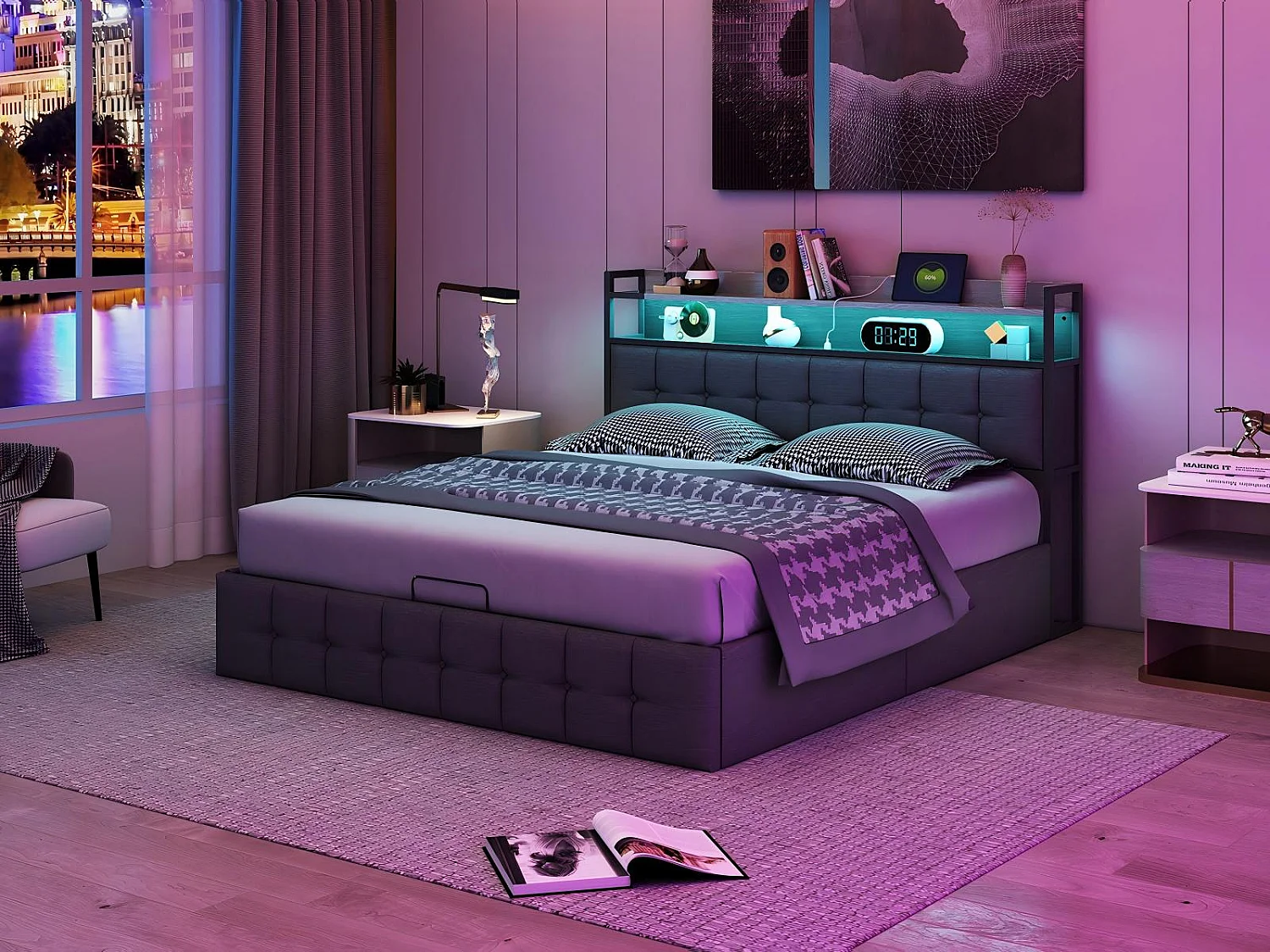 Lit coffre 140x190 cm LED RGB, lit lin gris avec rangement hydraulique, tête de lit avec prises et étagère