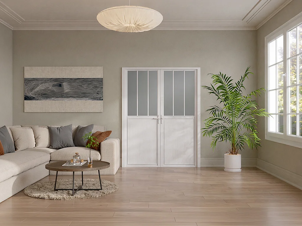 Bloco de porta reversível de duas folhas em alumínio e vidro temperado fosco estilo atelier - 2 x A204 x C73 cm - Branco - ERMELO