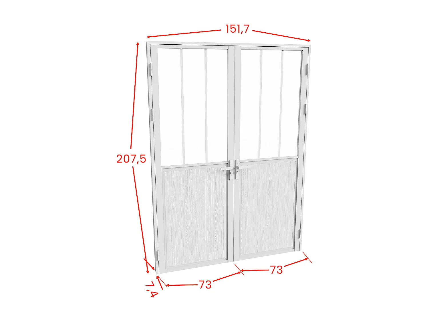 Bloco de porta reversível de duas folhas em alumínio e vidro temperado fosco estilo atelier - 2 x A204 x C73 cm - Branco - ERMELO