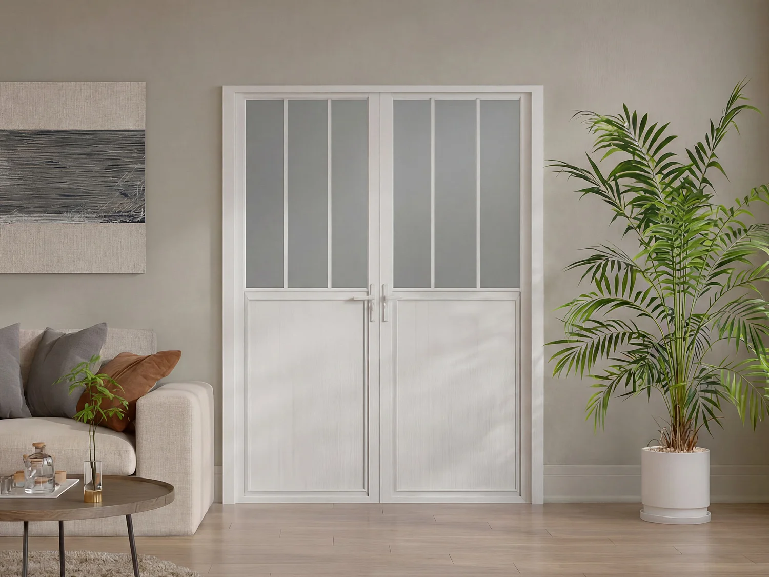 Reversible double-leaf aluminium and frosted tempered glass workshop-style door set - 2 x H204 x W73 cm - White - ERMELO