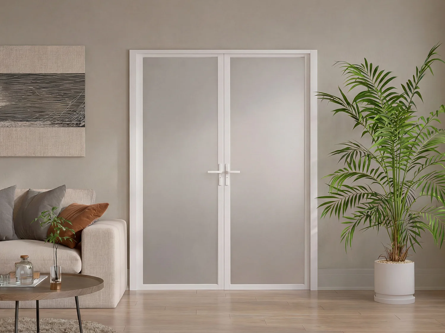 Reversible double-leaf door set in aluminium and frosted tempered glass - 2 x H204 x W73 cm - White - LOXTON