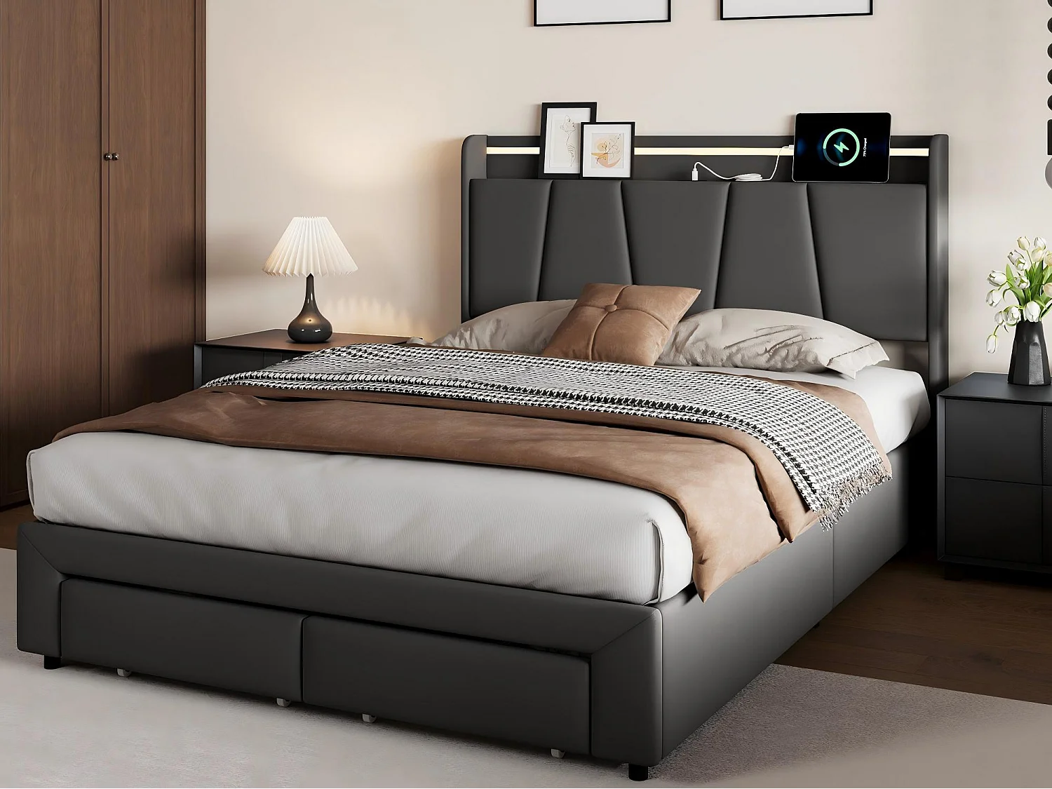 Lit 140x190 cm avec LED et USB, Tête de Lit avec Rangement, Lit avec 2 Tiroirs, Cadre Métal et Bois avec Sommier à Lattes, Gris