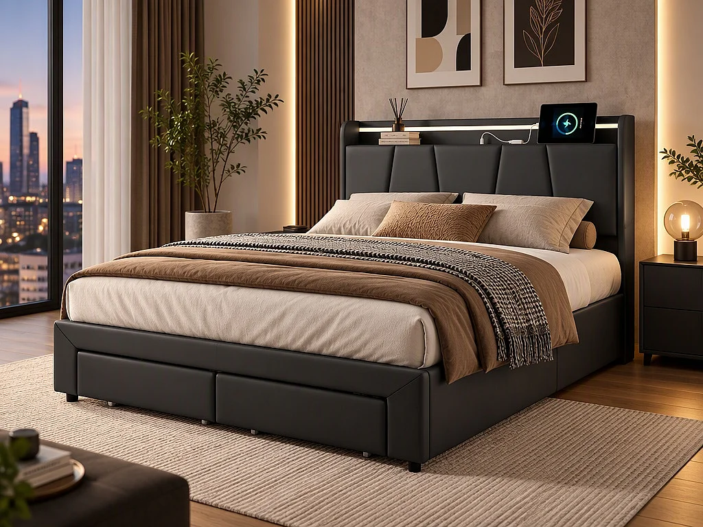 Lit avec 2 tiroirs - 140x190cm - avec LED, USB et tête de lit rangement - Gris