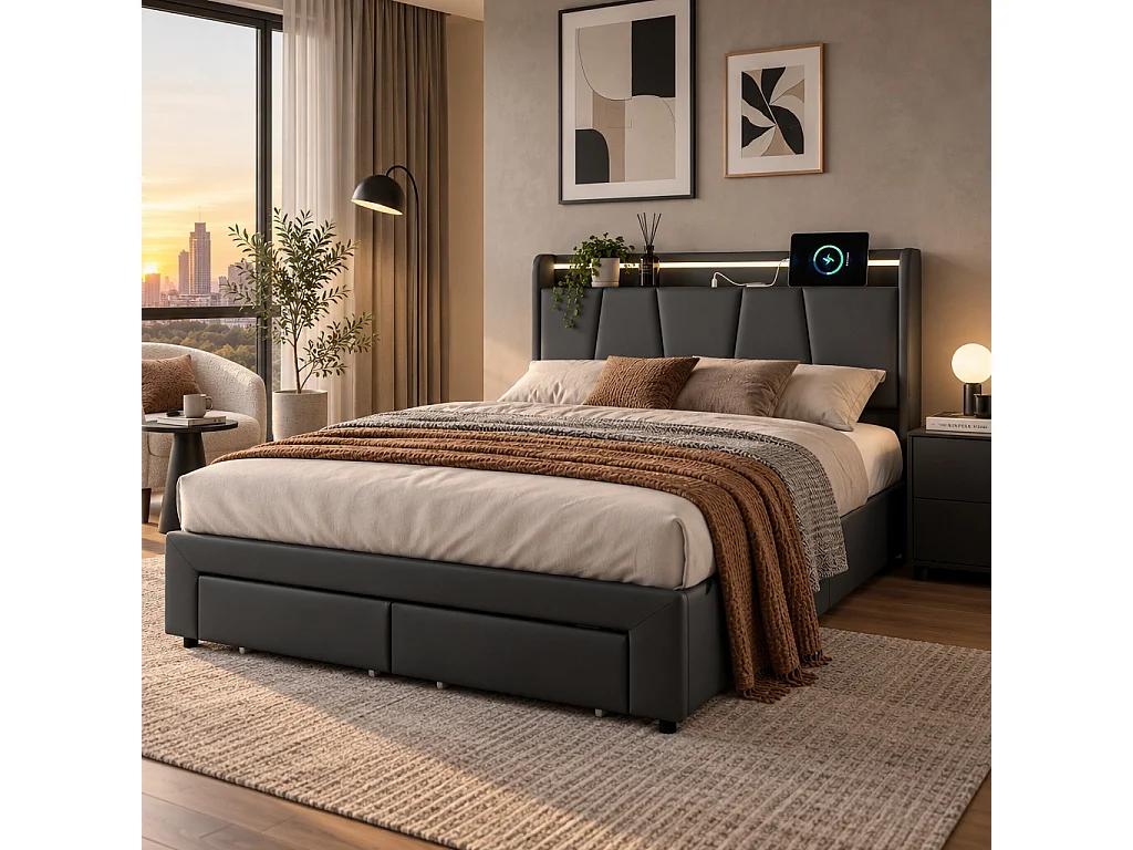 Lit avec 2 tiroirs - 140x190cm - avec LED, USB et tête de lit rangement - Gris