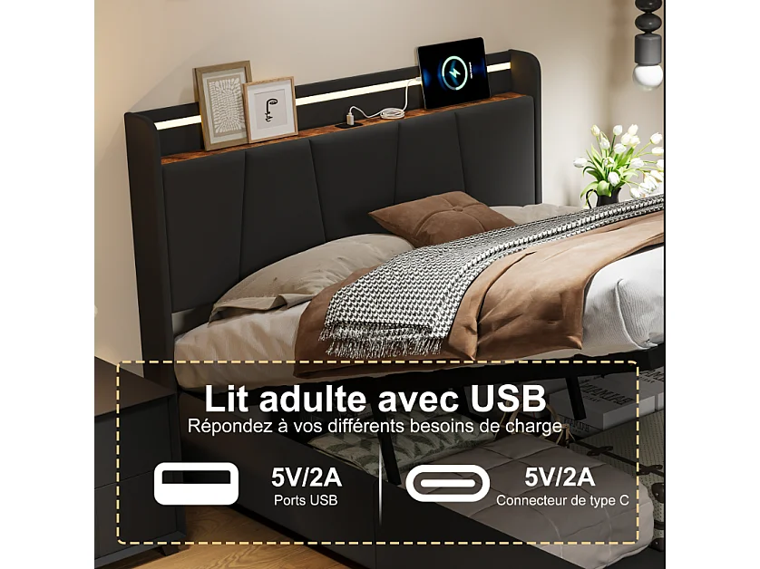 Lit avec 2 tiroirs - 140x190cm - avec LED, USB et tête de lit rangement - Gris