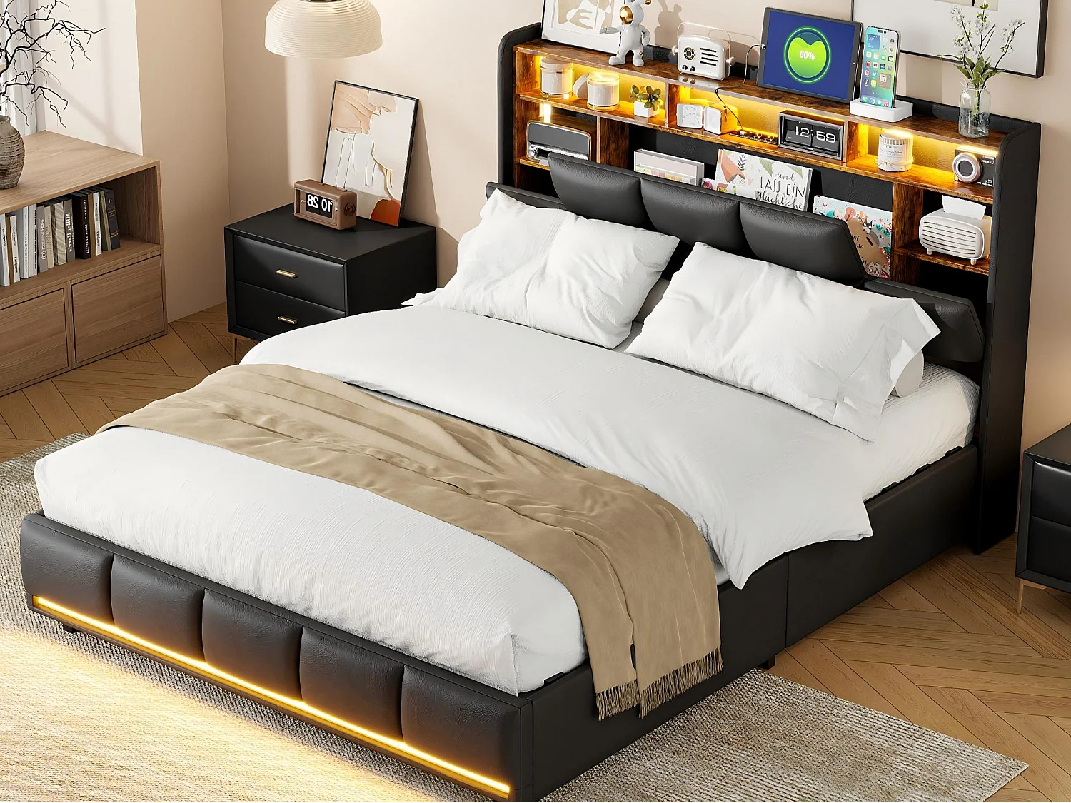 Lit modulable 160x200 cm avec LED, lit avec tête de lit configurable et rangement, lit avec recharge sans fil et fonctions intelligentes