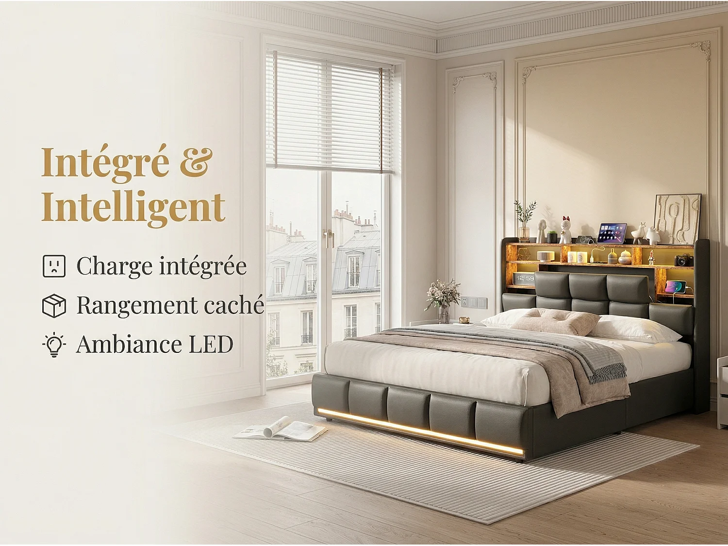 Lit modulable 140x190 cm avec LED, lit avec tête de lit configurable et rangement, lit avec recharge sans fil et fonctions intelligentes