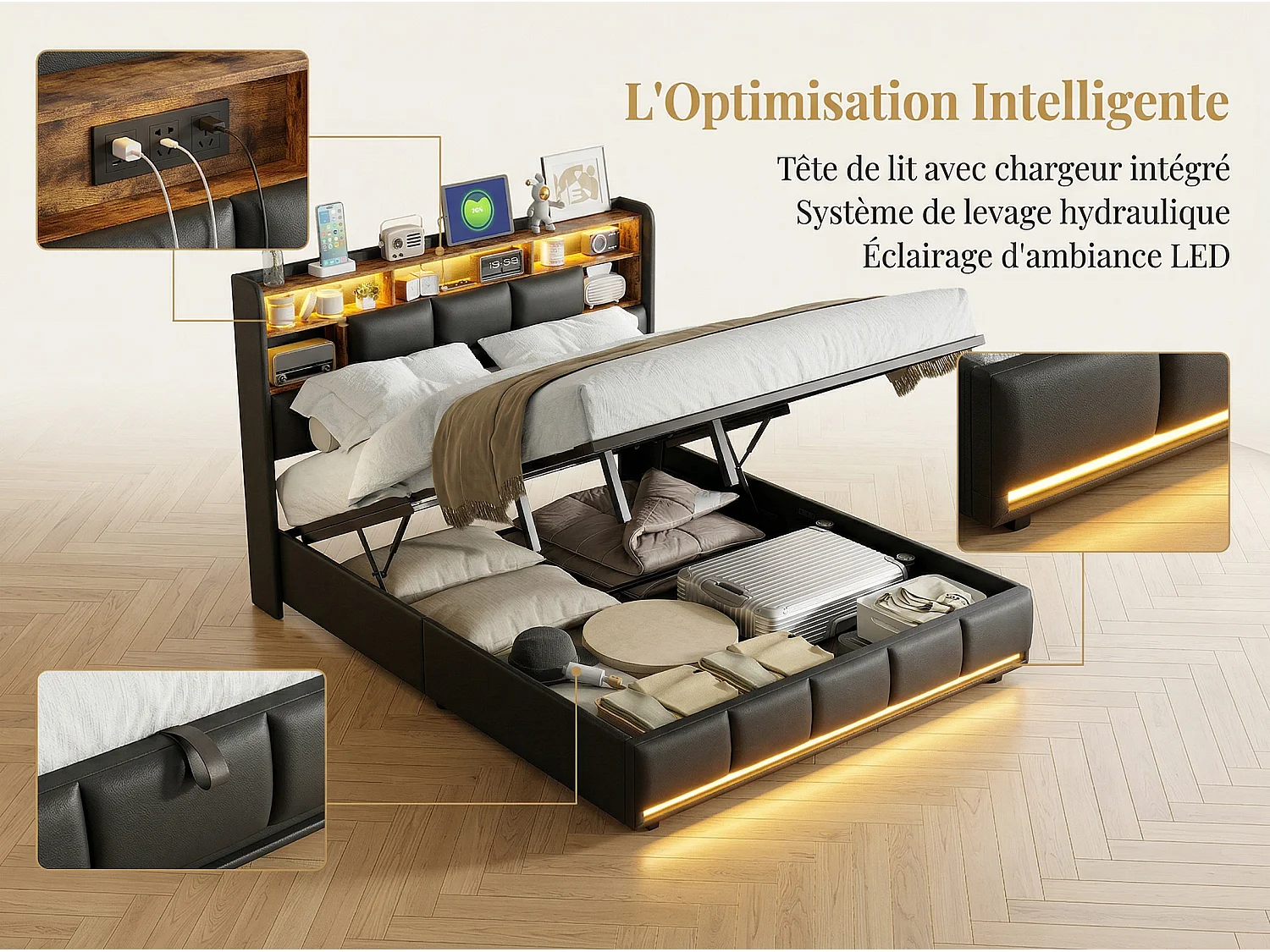 Lit modulable 140x190 cm avec LED, lit avec tête de lit configurable et rangement, lit avec recharge sans fil et fonctions intelligentes