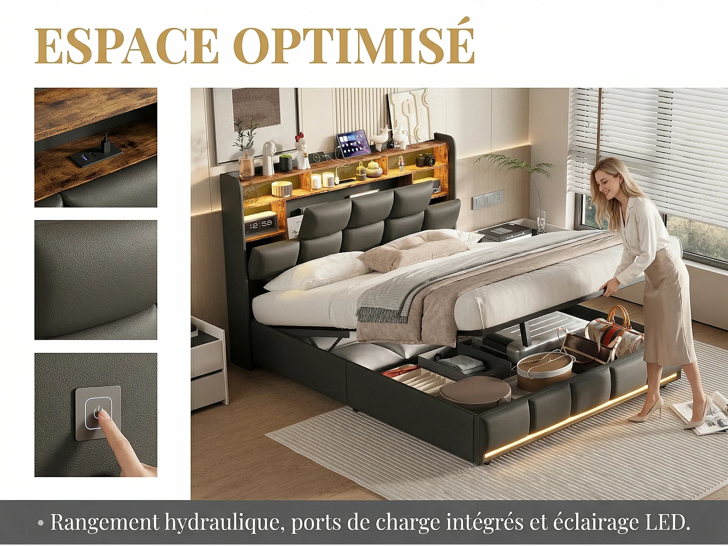 Lit modulable 140x190 cm avec LED, lit avec tête de lit configurable et rangement, lit avec recharge sans fil et fonctions intelligentes