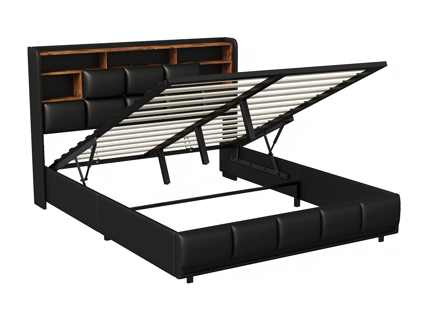 Lit modulable 140x190 cm avec LED, lit avec tête de lit configurable et rangement, lit avec recharge sans fil et fonctions intelligentes