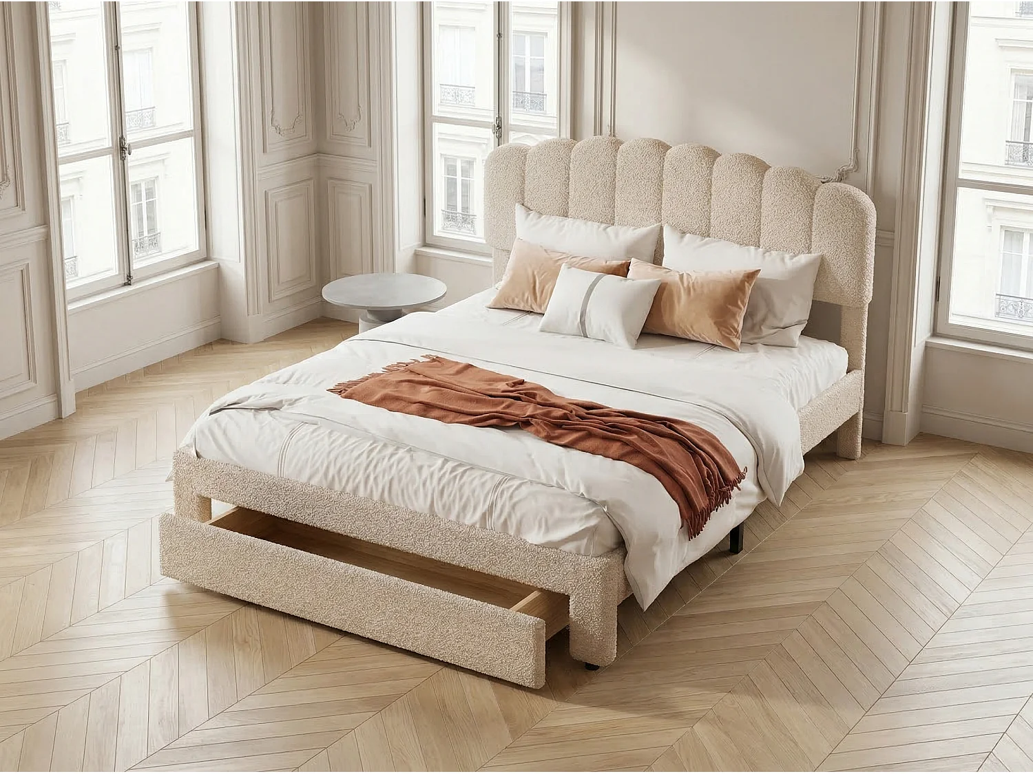 Lit rembourré avec tiroir de rangement, tête de lit ondulée, tissu teddy, USB, sommier à lattes, coloris crème