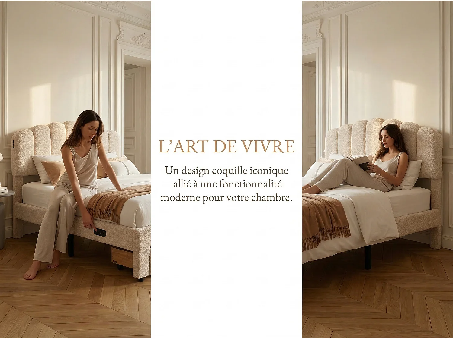 Lit rembourré avec tiroir de rangement, tête de lit ondulée, tissu teddy, USB, sommier à lattes, coloris crème