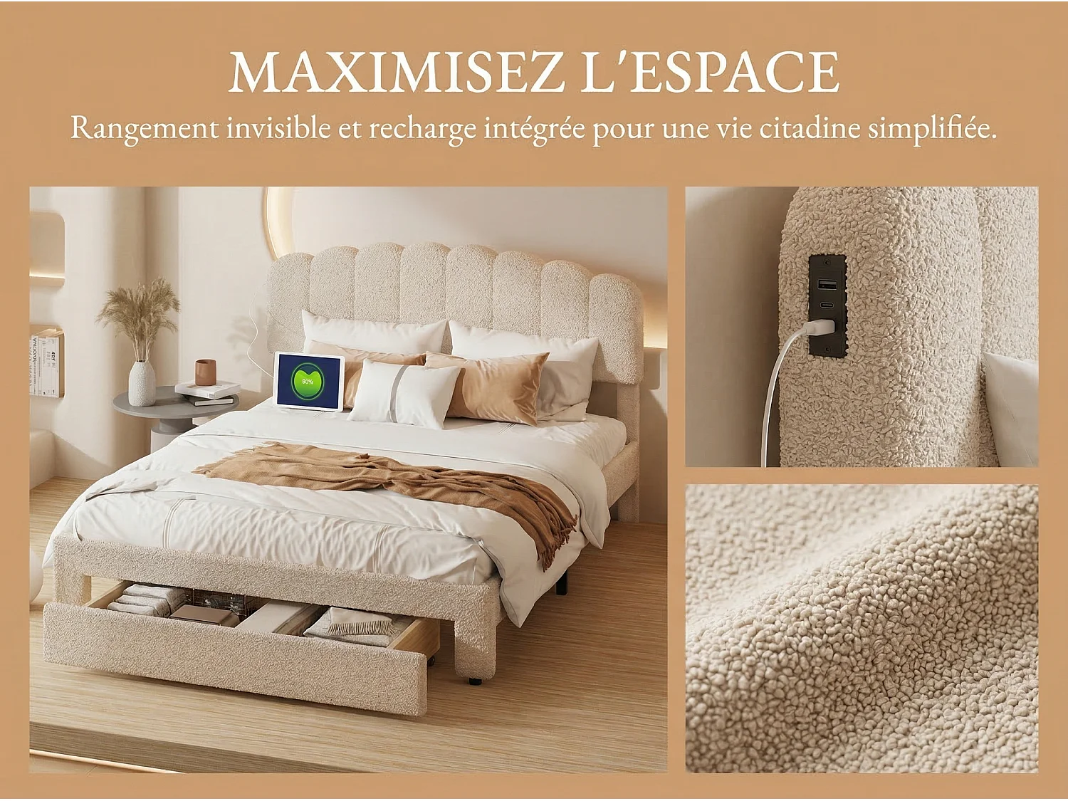 Lit rembourré avec tiroir de rangement, tête de lit ondulée, tissu teddy, USB, sommier à lattes, coloris crème