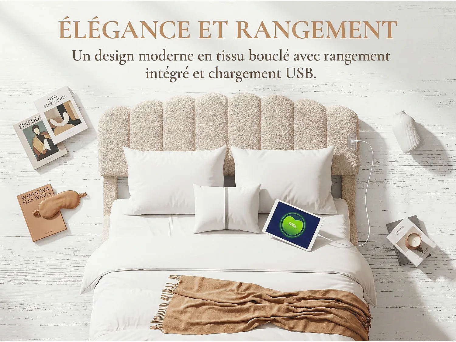 Lit rembourré avec tiroir de rangement, tête de lit ondulée, tissu teddy, USB, sommier à lattes, coloris crème